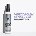 Redken One United sprayflacon met "Verzorg en Bescherm Alle Haartypes" tekst.