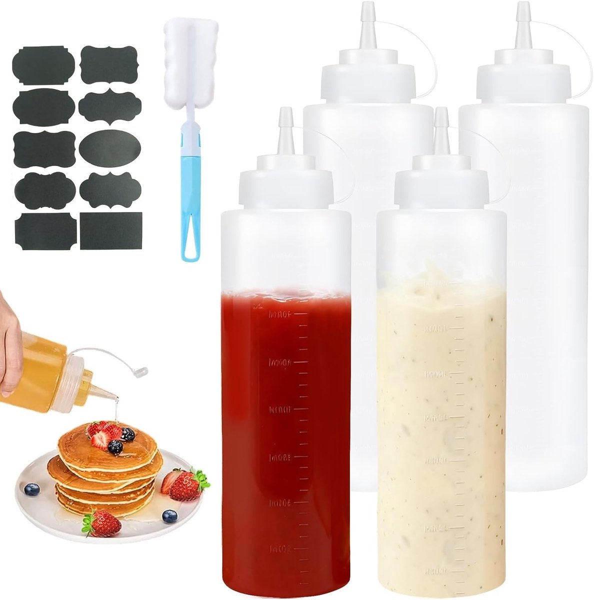 Squeeze Flessenset - Wit - 1000 ml - Kunststof Knijpflessen met Reinigingsborstel en Stickers - Voor Sauzen en Dressings