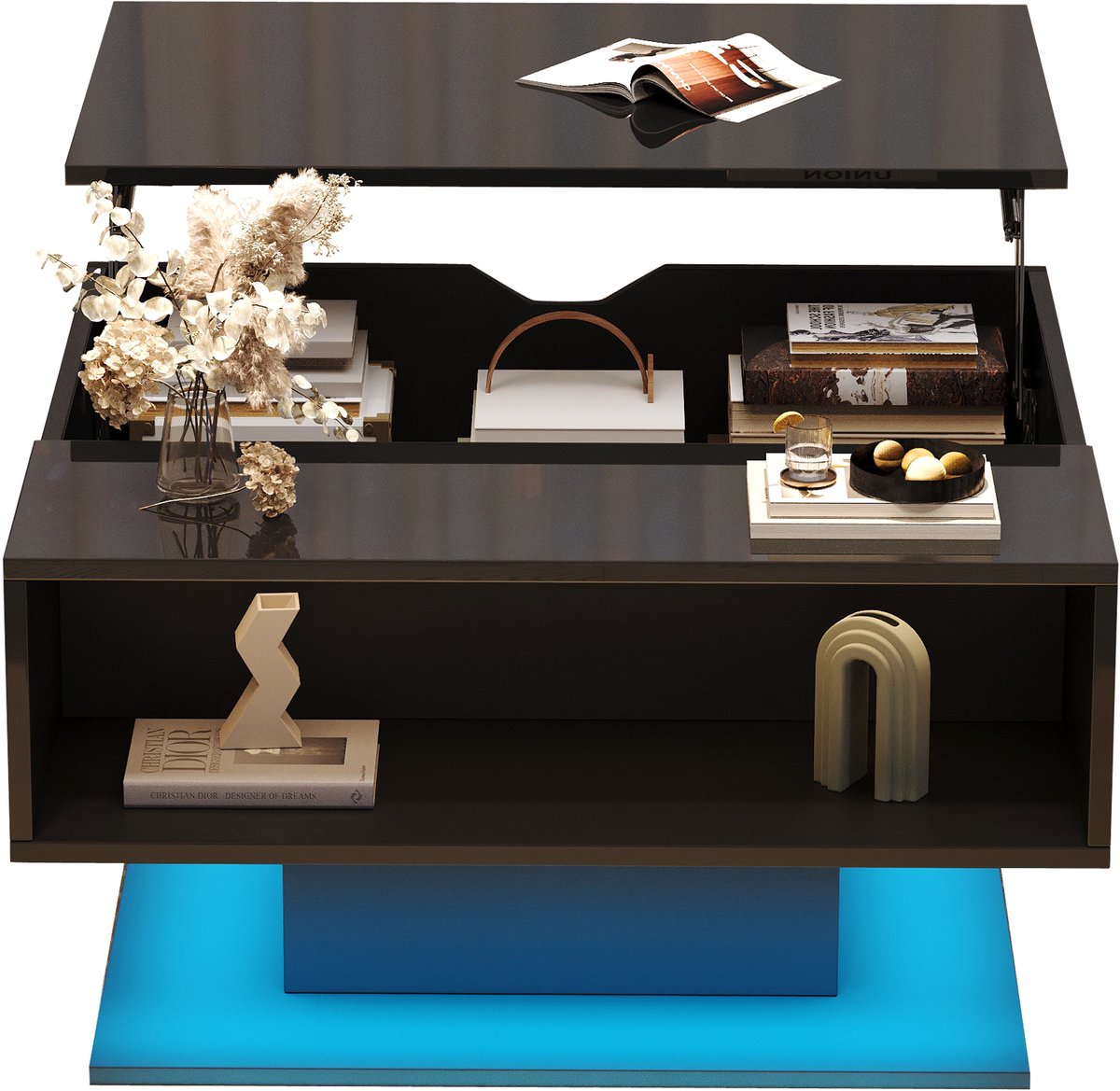 Ropilly Salontafel Zwart - Salontafel Met Liftblad - LED Verlichting - Verborgen Opbergruimte - 40kg Draagvermogen – Voor Woonkamer – 80x75x40cm - Zwart