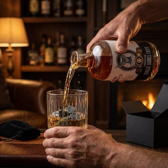 Een man schenkt whiskey in een glas met stenen, in een sfeervolle kamer met een open haard.