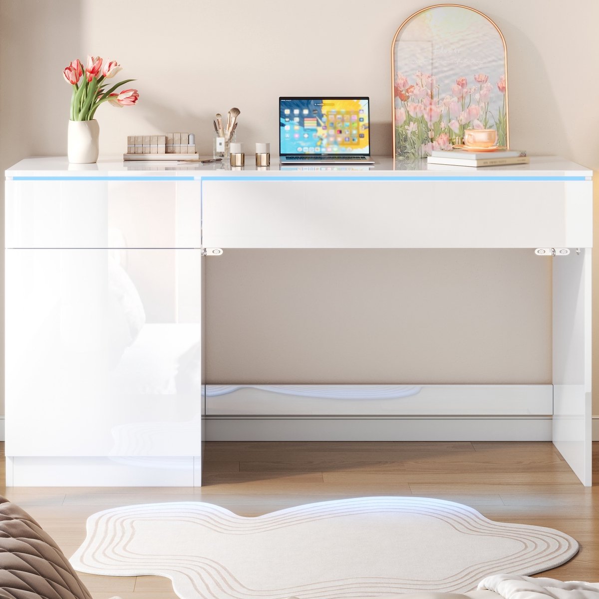 VVBV Bureau 120x50x78 cm - 2 Lades, LED-Verlichting, Hoogglans, Opbergruimte - Wit, Spaanplaat
