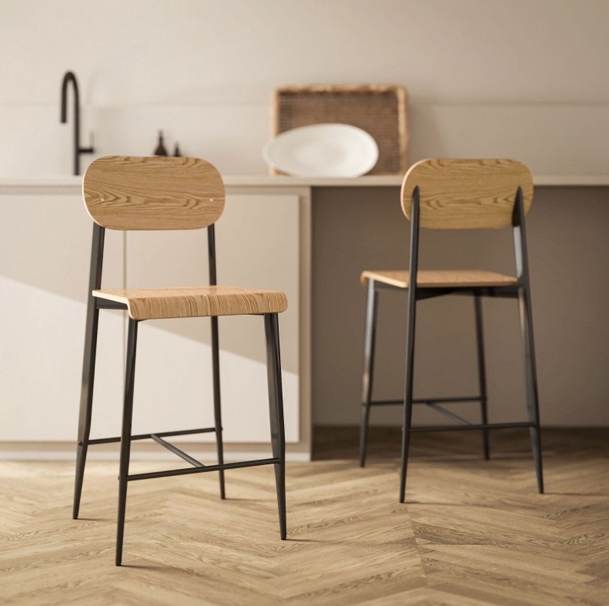 STILVORA Barkruk Set Van 2 Met Rugleuning En Voetensteun - 66 Cm Zithoogte - Voor Keuken En Bar - Hout En Metaal - Natural Wood Zwart