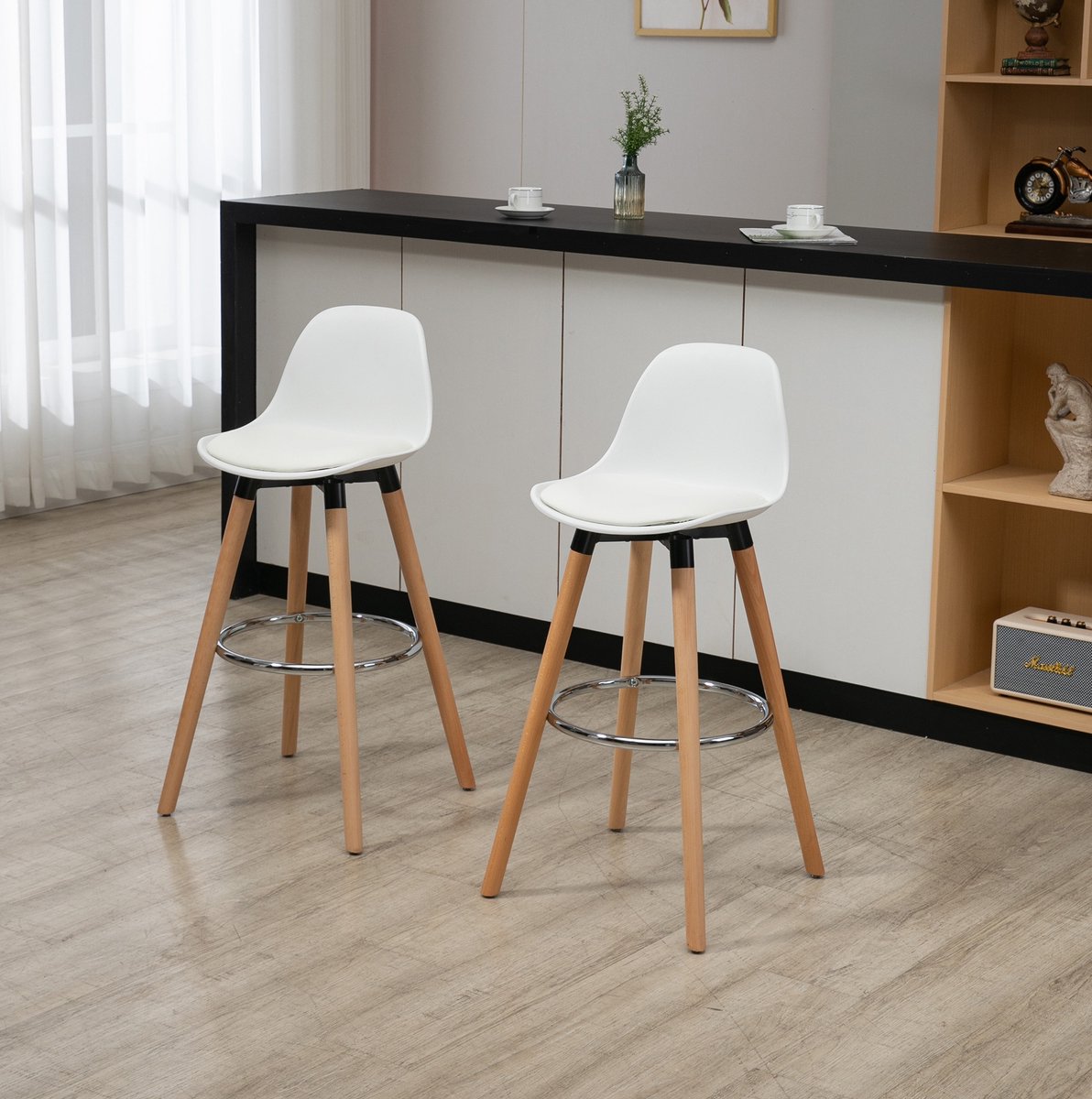 Barkruk Set Van 2 Wit Met Rugleuning En Voetsteun 91 Cm Kunstleer Voor Keuken Eiland En Bar Met Houten Poten Scandinavische Stijl