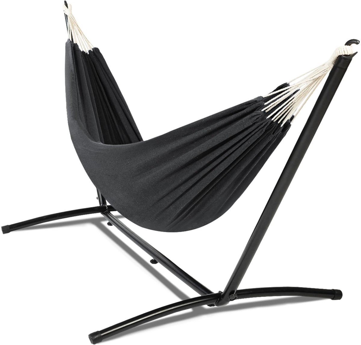Famanu – Hangmat met zwart metalen frame en antracietgrijs doek, perfect voor ontspanning