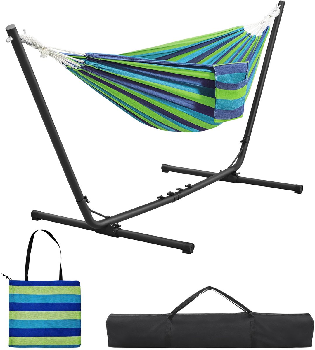 Famanu – Hangmat met frame voor 2-3 personen, verstelbare lengte van 294/304/314 cm, tot 205 kg belastbaar, blauw-groene strepen