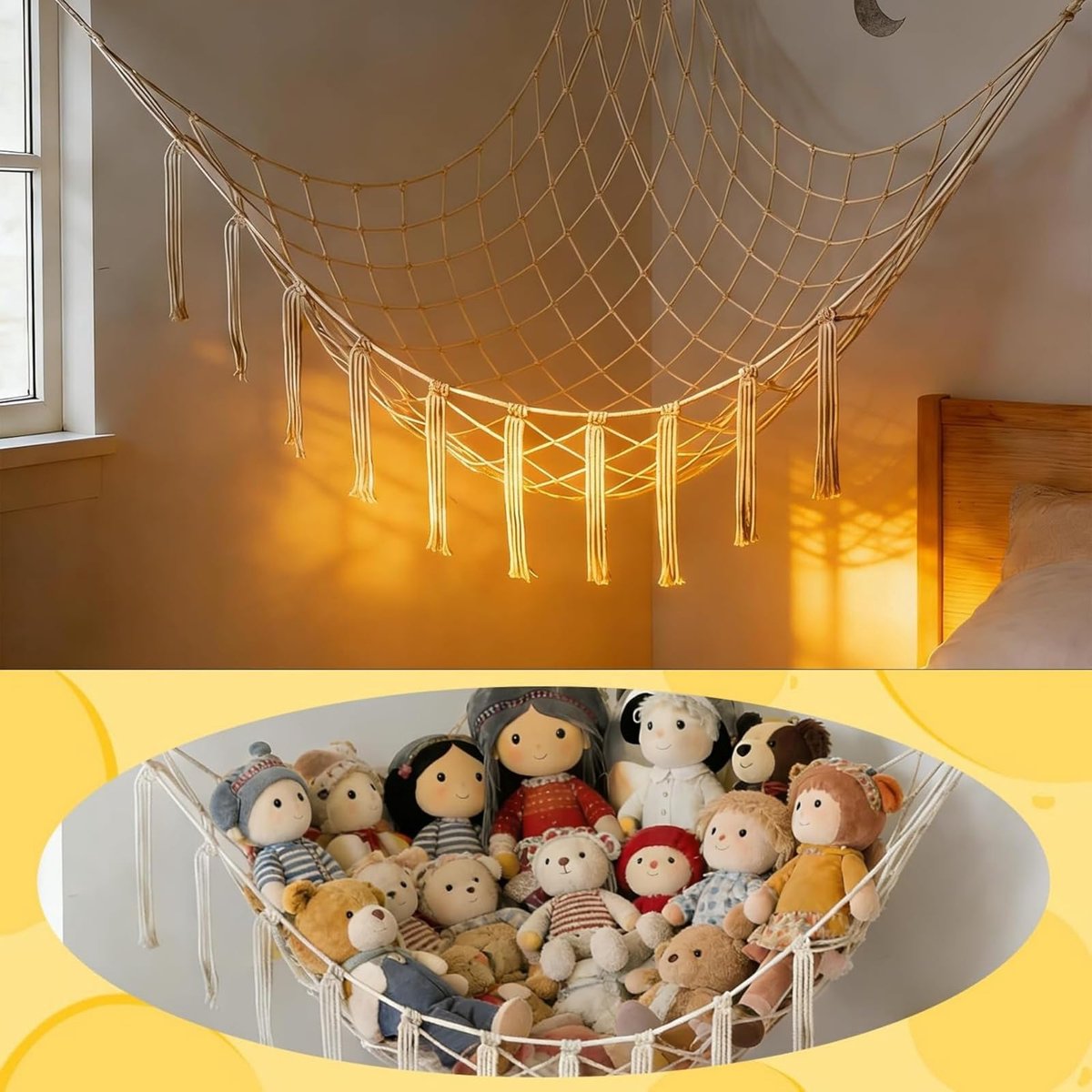 Famanu – Grote teddyhangmat voor knuffeldieren, handgebreide boho opbergnet voor speelgoed en pluche dieren in de speelkamer