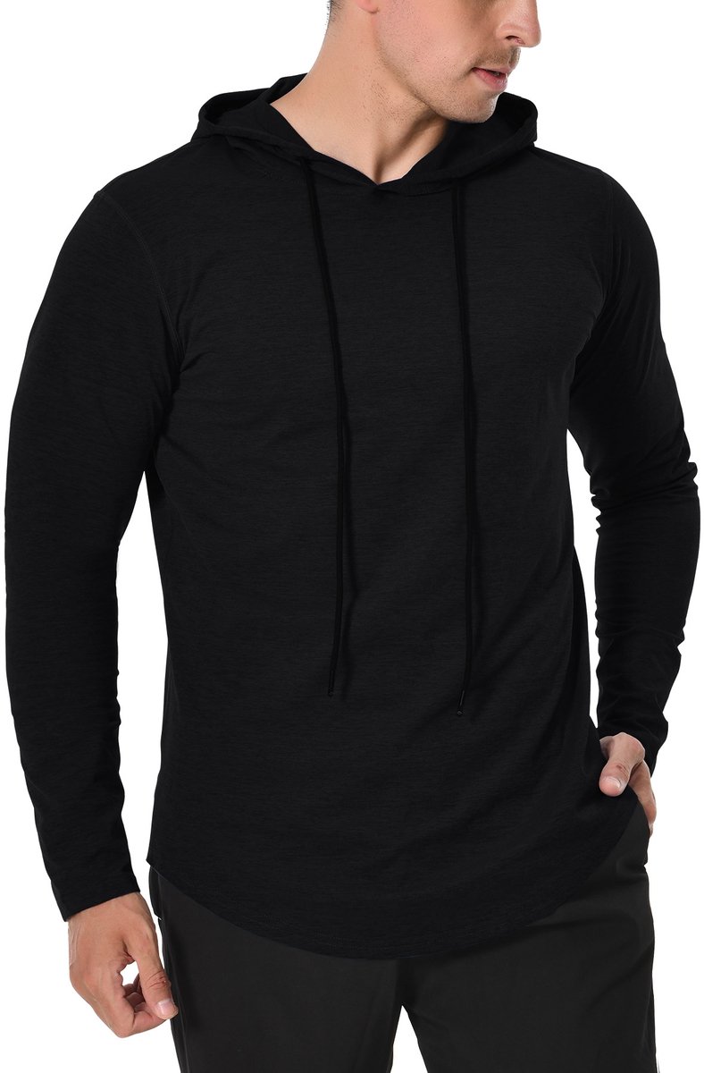 MEETYOO Heren Workout Tanktops Met Capuchon Lange Mouwen Gym Hoodies Bodybuilding Muscle Cut-Off T-shirt-Zwart-L