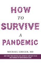 Boekomslag met de titel 'HOW TO SURVIVE A PANDEMIC' in paarse, virusachtige letters. Daaronder staat 'MICHAEL GREGER, MD'.