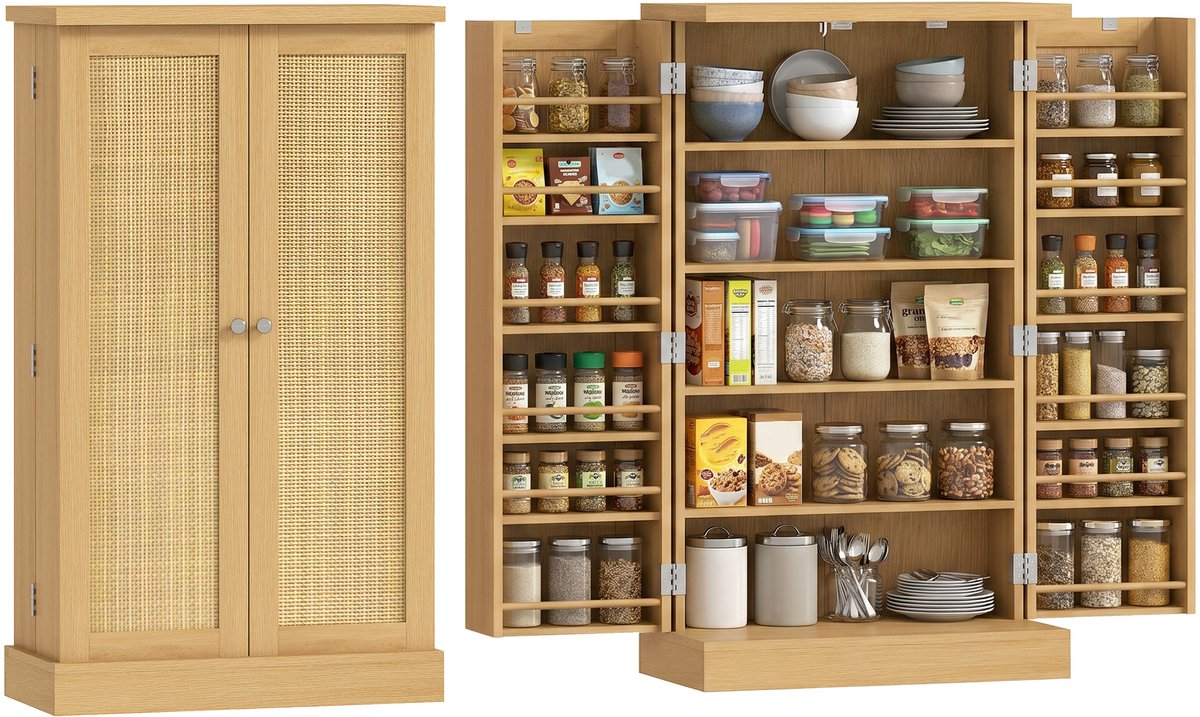 HOMCOM Food Pantries Cabinets-MDF, Rattan-60L x 30B x 104H cm-Naturholz