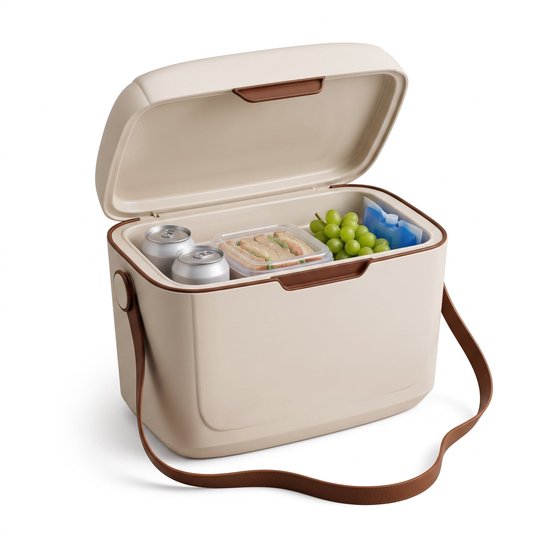 Open beige koelbox met 2 blikjes, bakje met sandwich, druiven en koelelement.