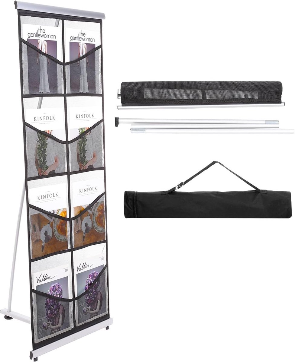 Draagbare tijdschriftdisplays met 8 mesh pockets voor brochures en catalogi, ideaal voor hotels en kantoren