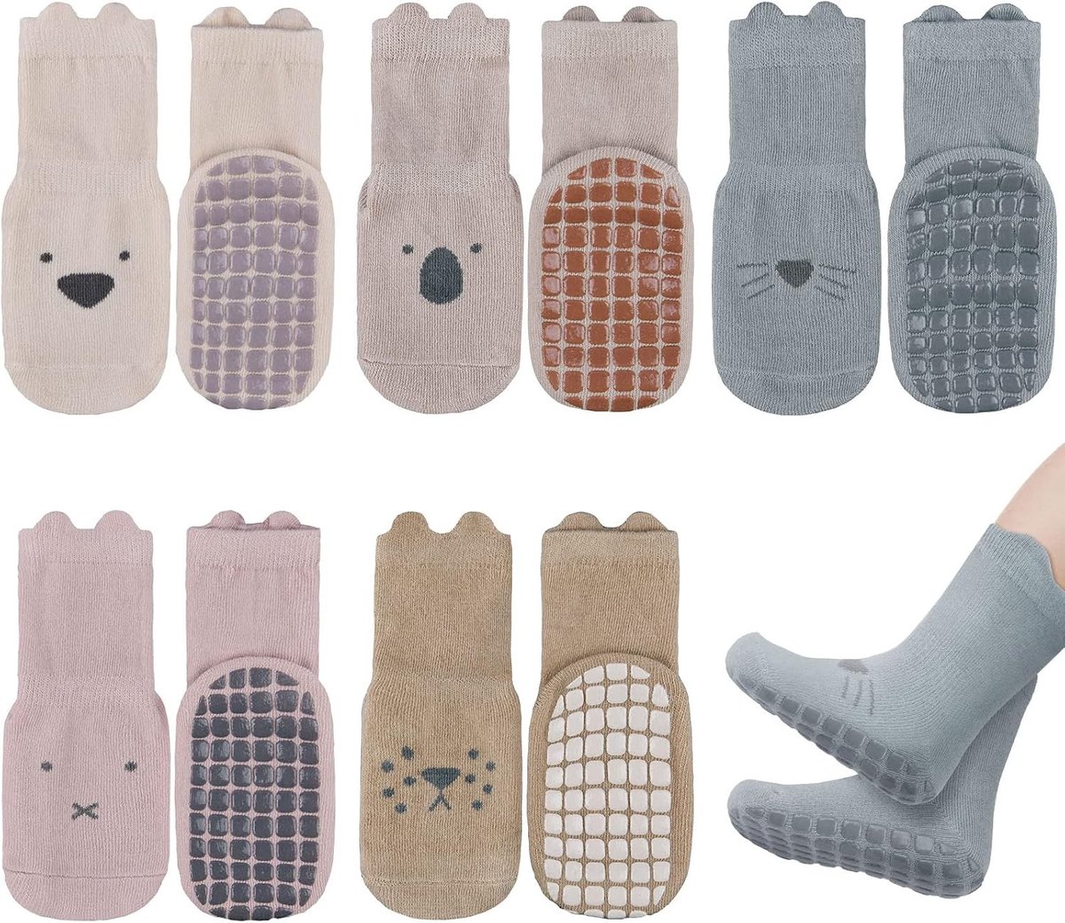 Non-slip baby sokken met siliconen onderzijde, 5 stuks, veilig voor 0-5 jaar, grip en comfort voor jongens en meisjes