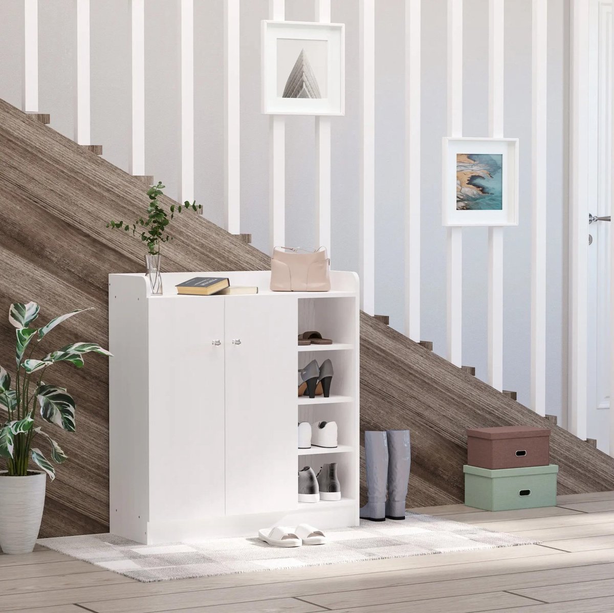 MIVRAY Schoenenkast Met 2 Deuren En 4 Vakken Voor Hal En Entree Wit Hout 83 X 30 X 90 Cm Compact En Modern Opbergmeubel