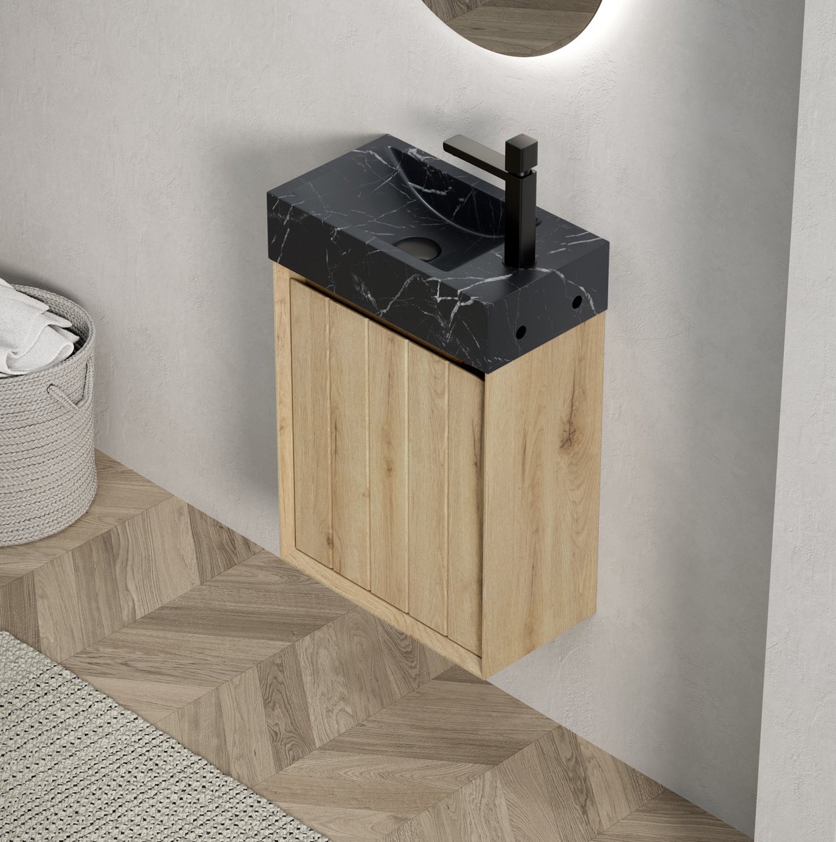 MIVRAY Badkamerkast - Wandmodel Met Natuurmarmeren Wastafel En Enkele Deur - Voor Kleine Badkamers - Zwart En Wit Eiken - 40 Cm
