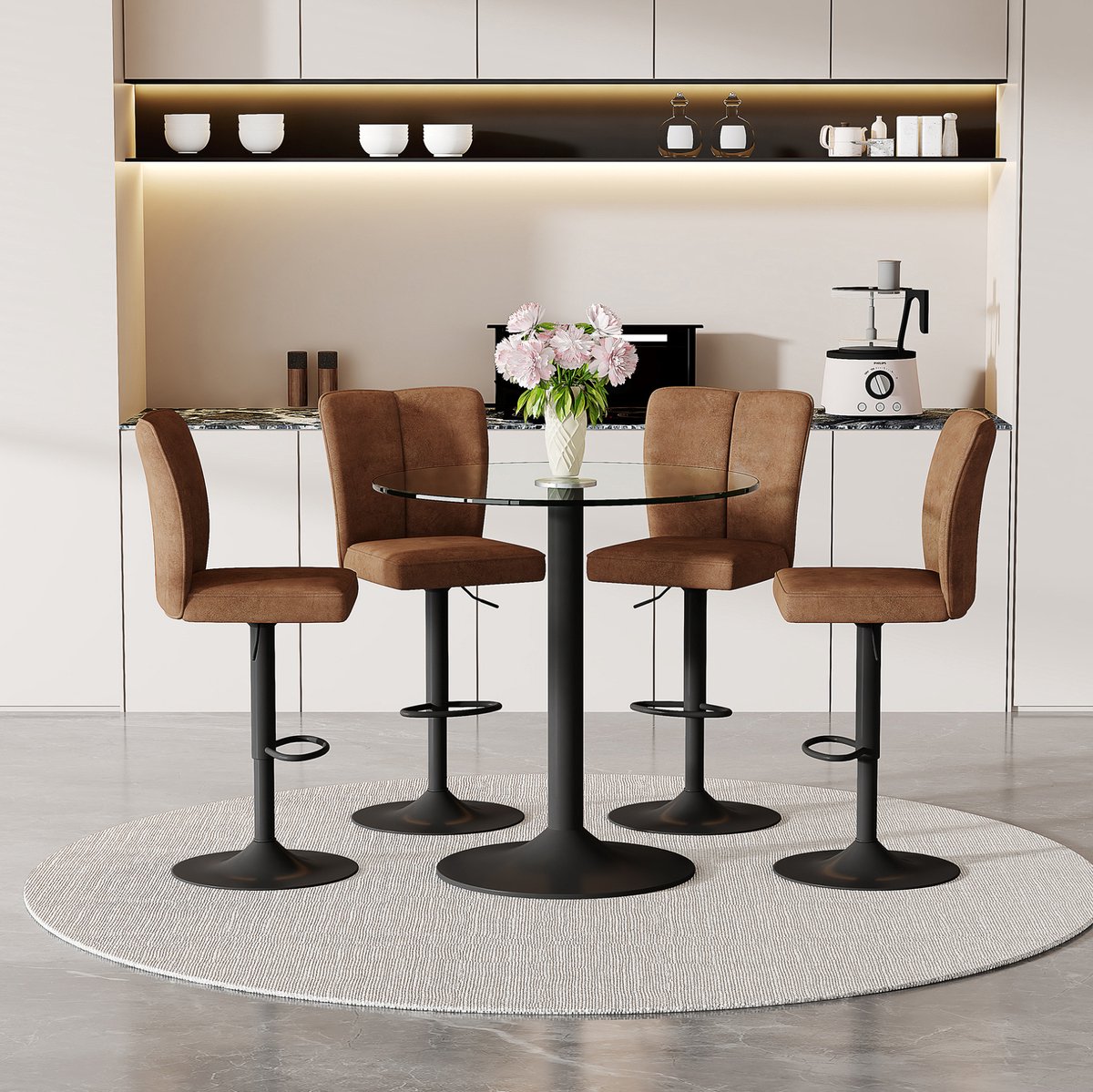 Wishdor Barset met 4 barkrukken - Ronde glazen bartafel 89 cm - Draaibaar en hoogteverstelbaar - Modern design - Metaal en technologie-stof - Bruin zwart transparant