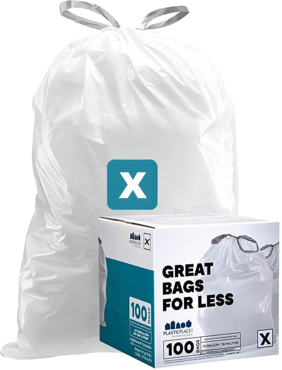 Plasticplace TRA335WH simplehuman (x) Code X Compatibel (100 Count) │ Wit Trekkoord Vuilnis, Liners 21 Gallon/80 Liter - ShopVlot