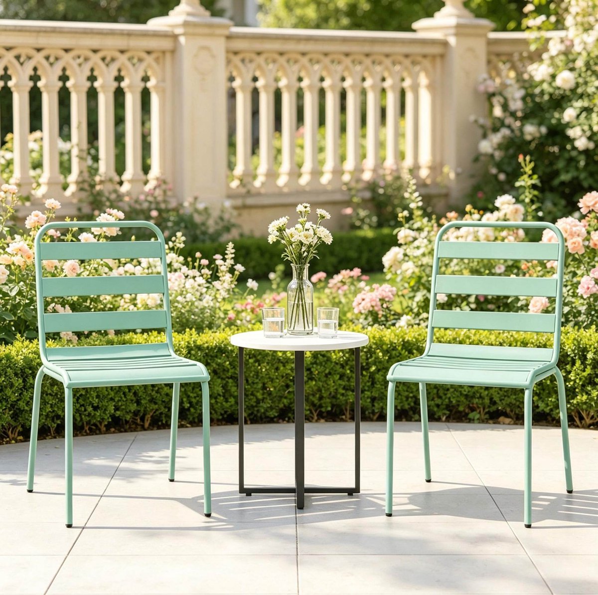 OKWISH Eetkamerstoel Set van 2 – Stapelbare Metalen Tuinstoelen – Zonder Armleuningen, Stevig Stalen Frame – Voor Balkon, Terras & Tuin – Groen