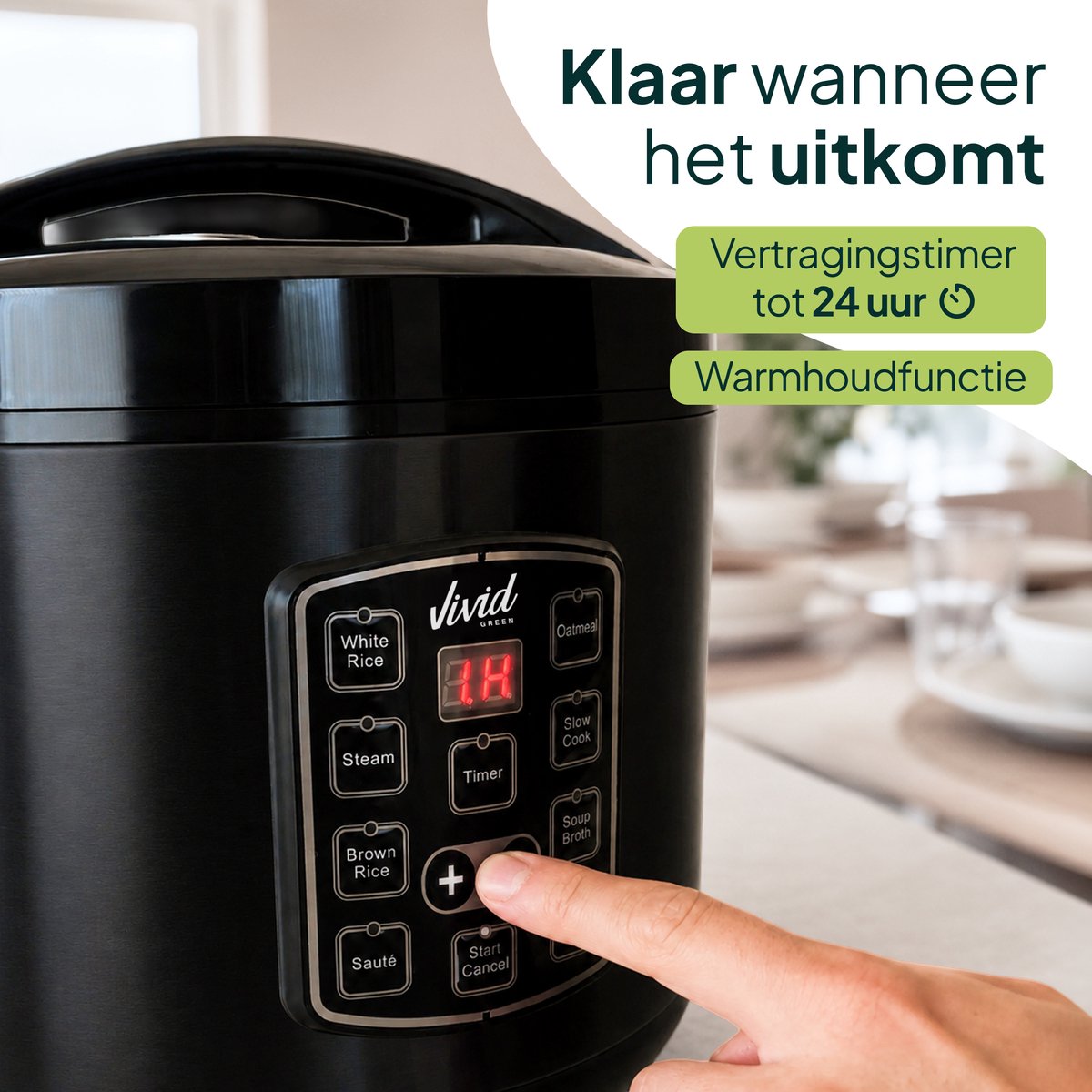Vivid Green Rijstkoker 1,8 Liter met Stomer - PFAS-vrij - 7-in-1 Multicooker - 1 tot 4 Personen - Rice Cooker - Zwart – foto 8