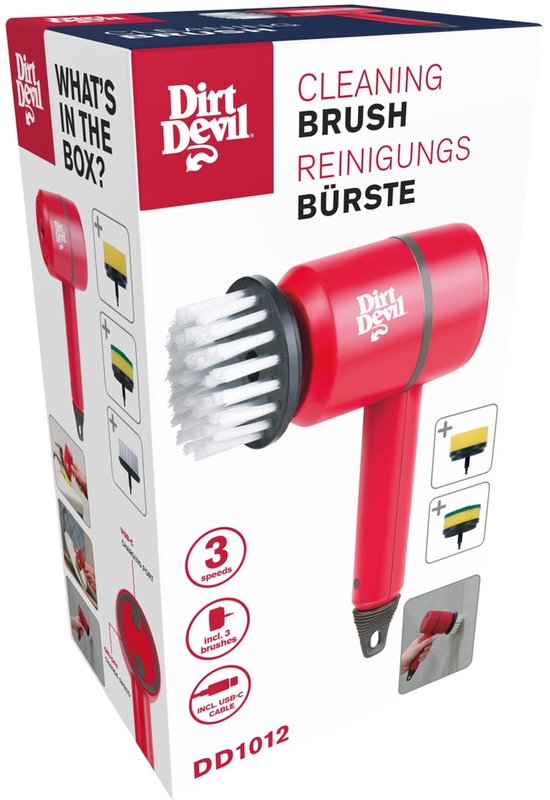 Rode Dirt Devil reinigingsborstel met witte borstelharen, 3 snelheden, inclusief 3 borstels en USB-C kabel.