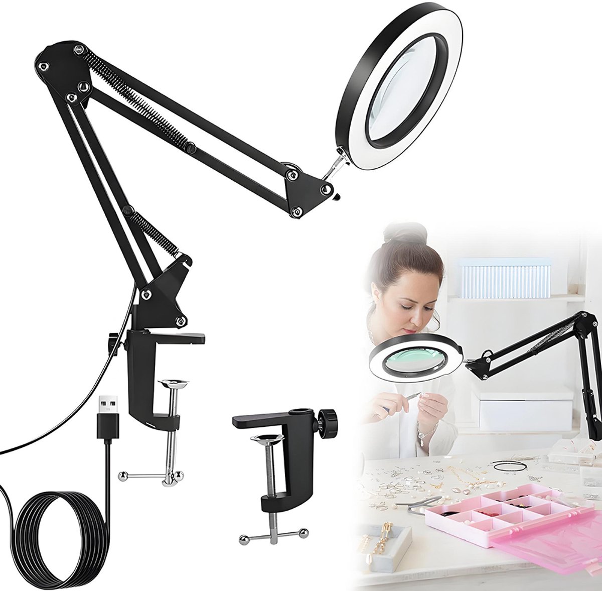 LED vergrootglas bureaulamp – Touch vergrootglas – Vergrootglas voor nagelkunstreparaties – Opklapbare bureaulamp met lange arm – Geschikt voor schoonheidsbehandelingen of schilderen – Koel licht – Zwart