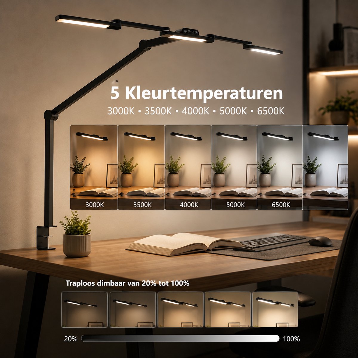 MUPOO 3-Lichts Bureaulamp LED Dimbaar met Klem Ø105 cm - Werklamp met 3 Verstelbare Lichtbalken&6 Draaipunten - Monitor Lamp met Automatische Lichtsensor - Klemlamp - Hobbylamp - Architectenlamp-voor oor Tekenen, Handwerk, Modelbouw en Werkbank thumbnail 2