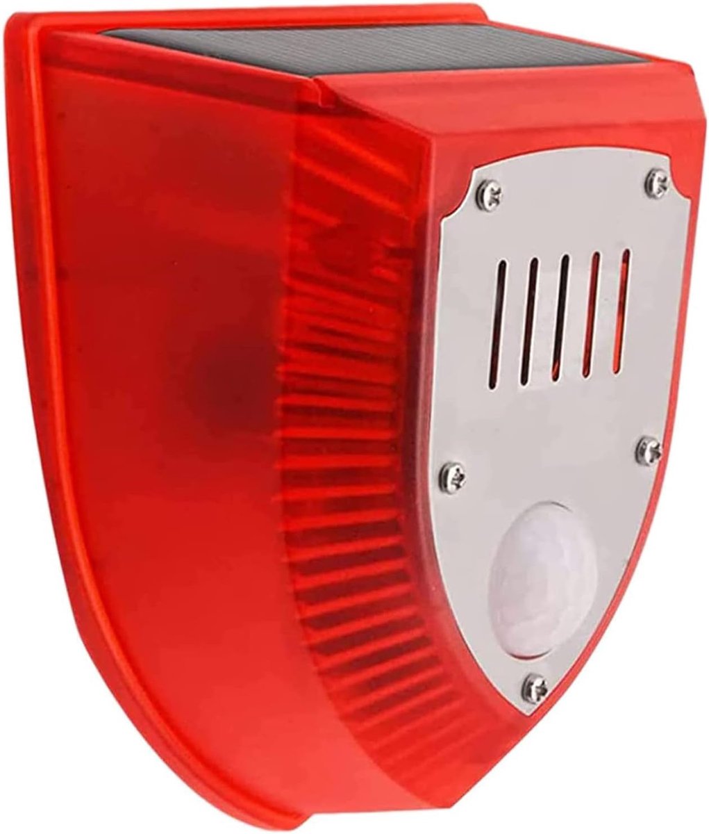 Zonne‑energie Bewegingssensor Alarmlicht Buiten, Hondenblaf‑ en schotgeluid, 129dB luid geluid met flitslicht, waarschuwingslamp voor Huis, Villa, Boerderij, Schuur, Tuin en Kippenhok