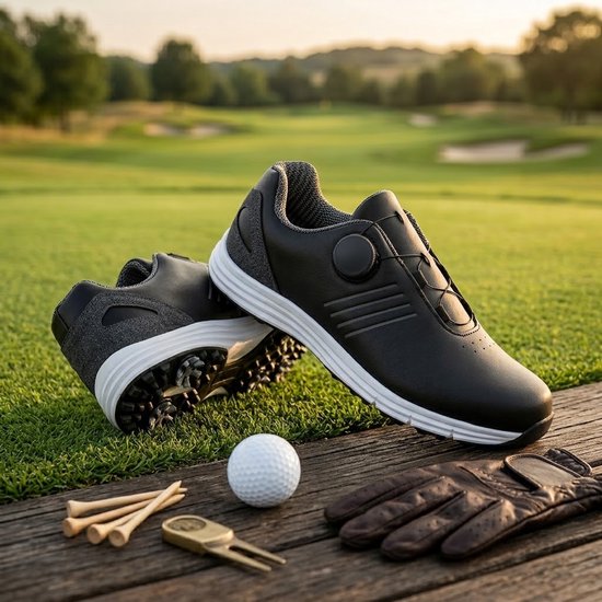 Zwarte golfschoenen heren maat 42 – sportieve golf schoenen met witte zool, draaiknop sluiting, zwarte veters en profielzool – heren golf sneakers — afbeelding 4