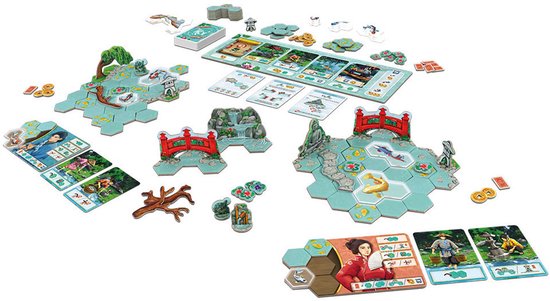Bordspel met Japanse tuin thema, rode bruggen, waterpartijen, een boom en speelfiguren.