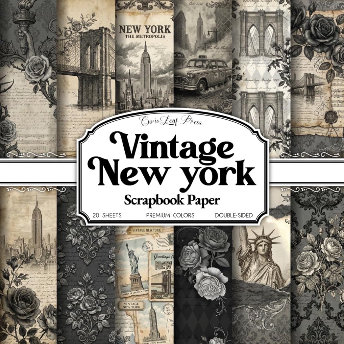 Vintage New York Scrapbook Paper: Gothic Brooklyn Bridge, Statue of Liberty & Manhattan Skyline in Victorian Engraved - ShopVlot