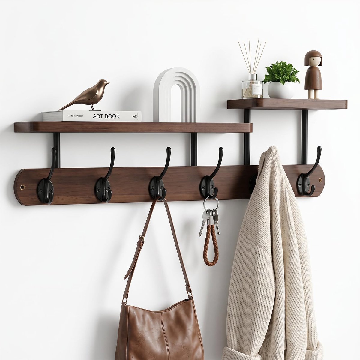 Famanu Wandkapstok met plank, houten kapstokhaak met 6 haken, ideaal voor gangen, garderobe en slaapkamer, 59 cm, donkere houtkleur Naturel