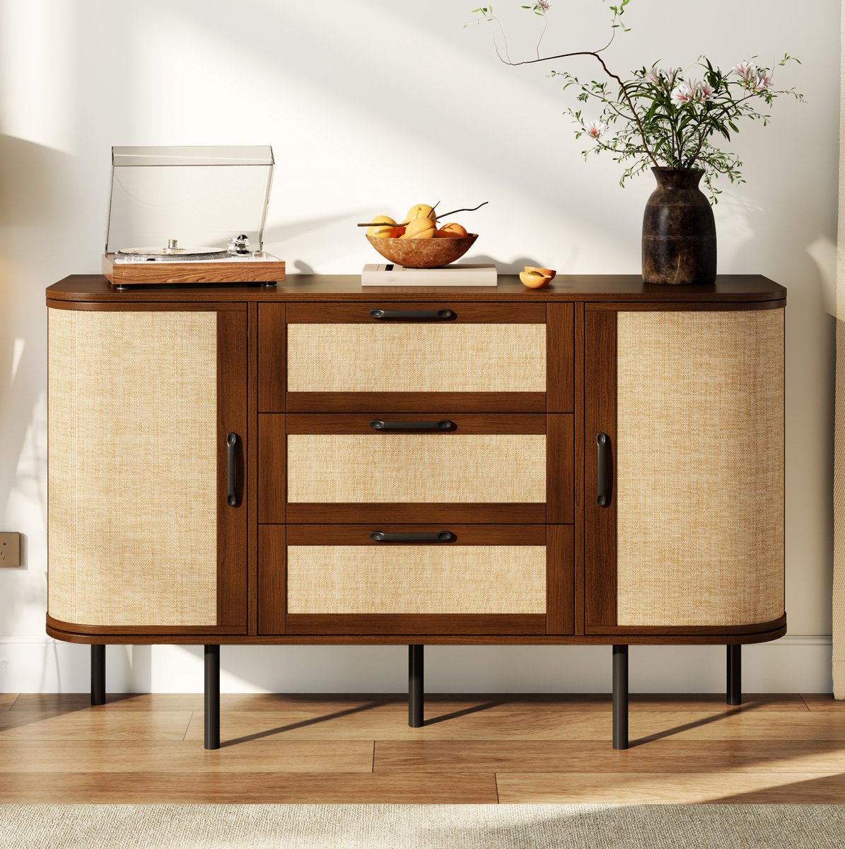 FloraGrace Dressoir - Retro Sideboard Met 2 Openslaande Deuren En 3 Lades - Voor Woonkamer, Eetkamer En Hal - MDF - Walnoot - 120x40x82 Cm