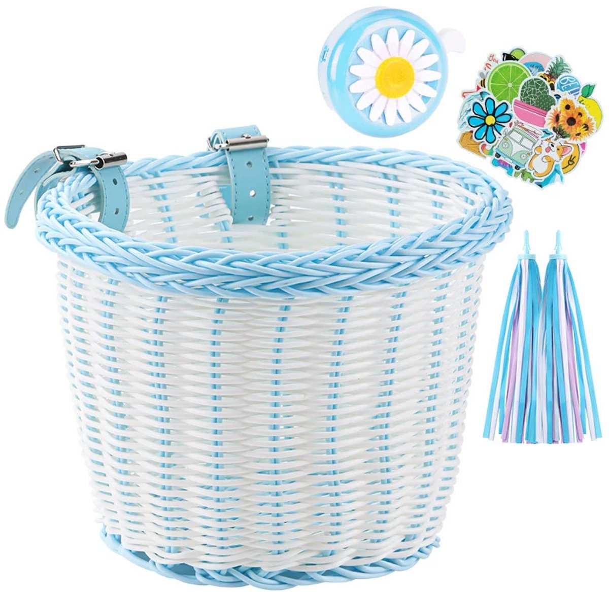 Fietsmandje Meisjes - Fietsmand Kinderfiets - inclusief Fietsbel Kind, 2 x Stuurslingers, 30 x Stickers - Handgeweven fietsmand voor kinderen - Fiets Accessoires voor Kinderen - Kinderfietsmand Set - Blauw/wit