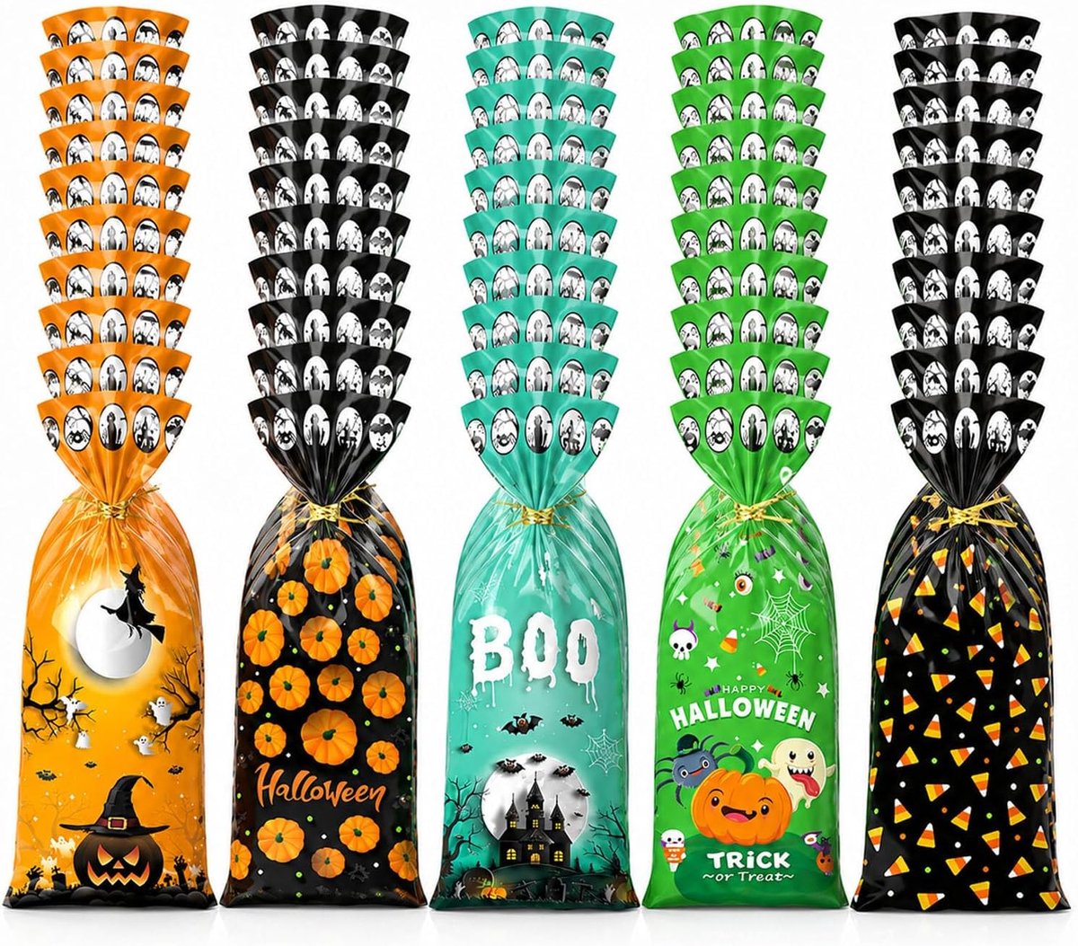 100 Halloween snoepzakjes, transparante cellofaan zakjes, Halloween pompoen monster kasteel vleermuis spook patroon gedraaide zakjes, geschikt voor het verpakken van snoep, snacks, koekjes en cadeaus (kleurrijk)