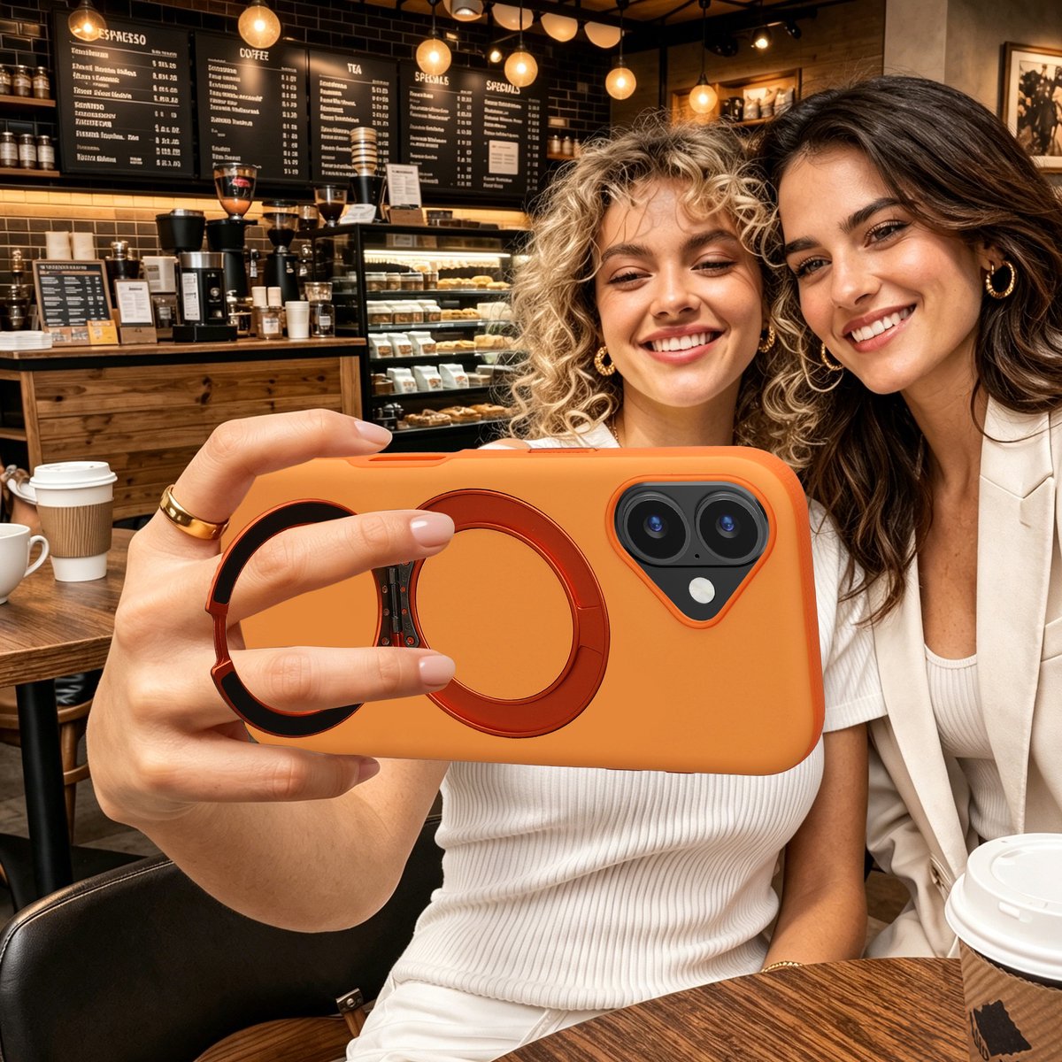 kwmobile Hoesje met 360° ringstandaard voor Apple iPhone 16 - Hardcase met draaibare kickstand - Compatibel met MagSafe - oranje