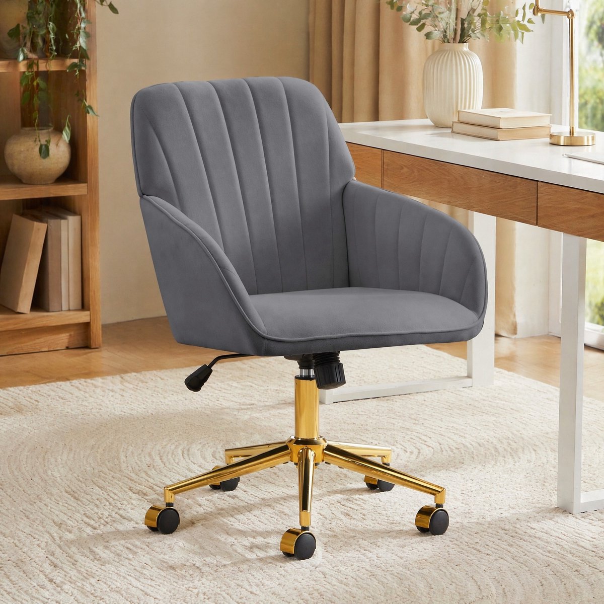 Wishdor Bureaustoel - Verstelbare zithoogte 50-59 cm - 360° draaibaar met wielen en vaste armleuningen - Ergonomisch fluweel - Grijs - 60 x 60 x 97 cm