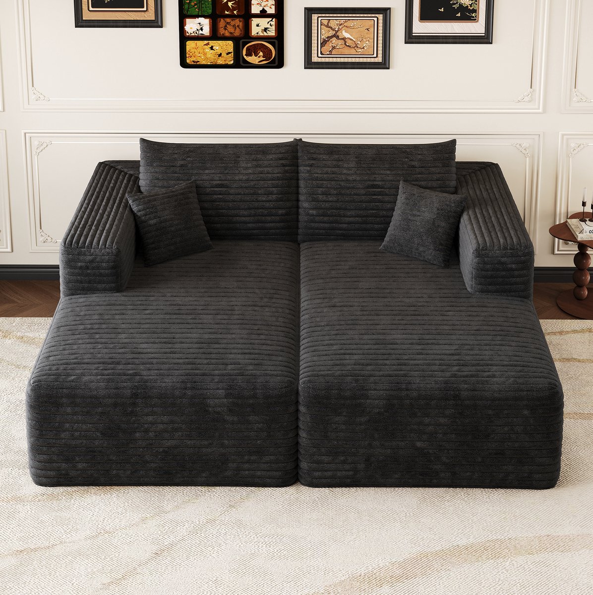 OKWISH Slaapbank – 2-Zits Modulair Boneless Met Chaiselongue – Zacht Corduroy, Zonder Montage – Modern Voor Woonkamer En Slaapkamer – Stof – Zwart
