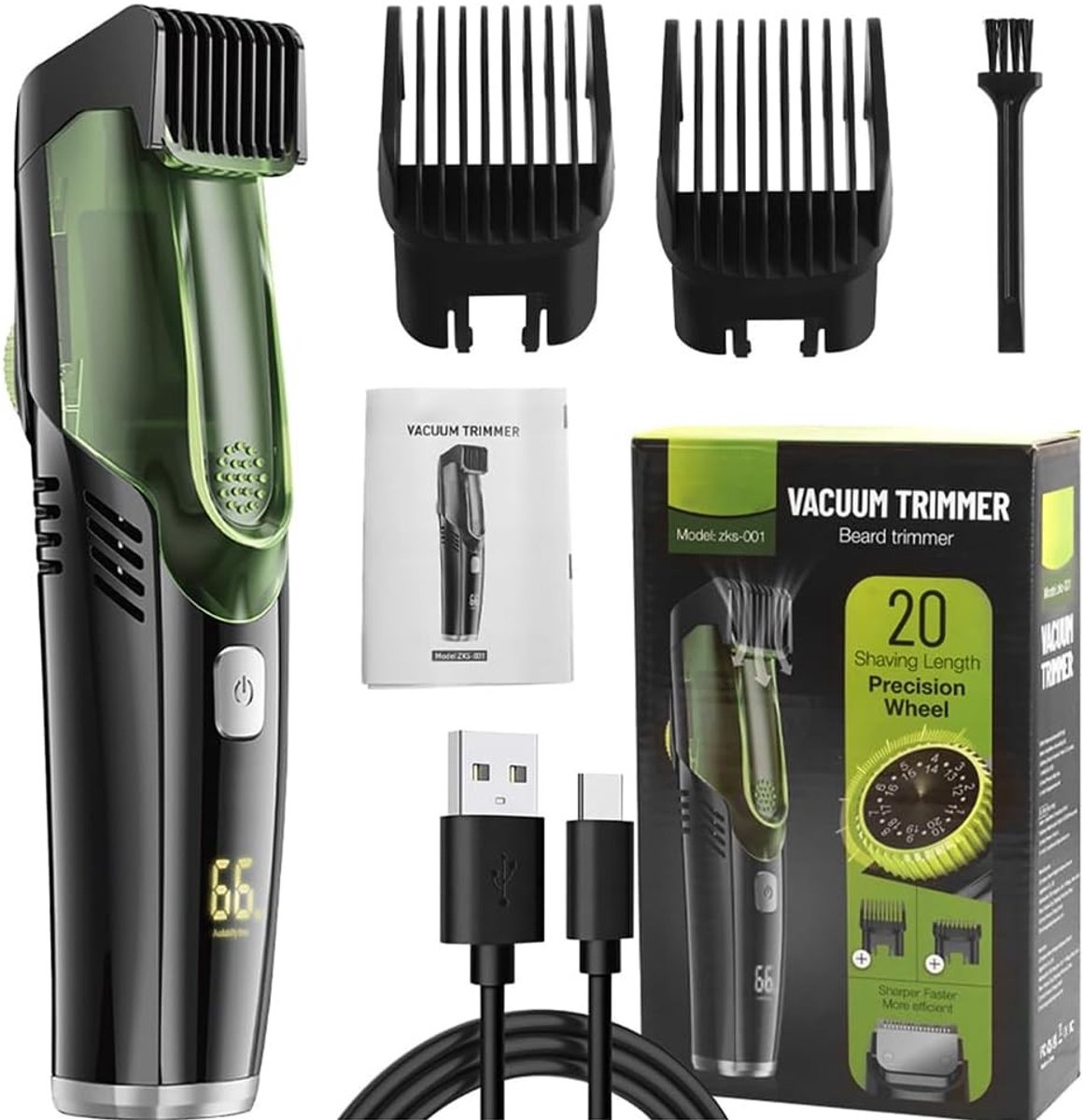 Baardtrimmer - Zwart - 19 x 5 x 5 cm - Waterdichte Elektrische Tondeuse met Vacuümsysteem - Voor Heren