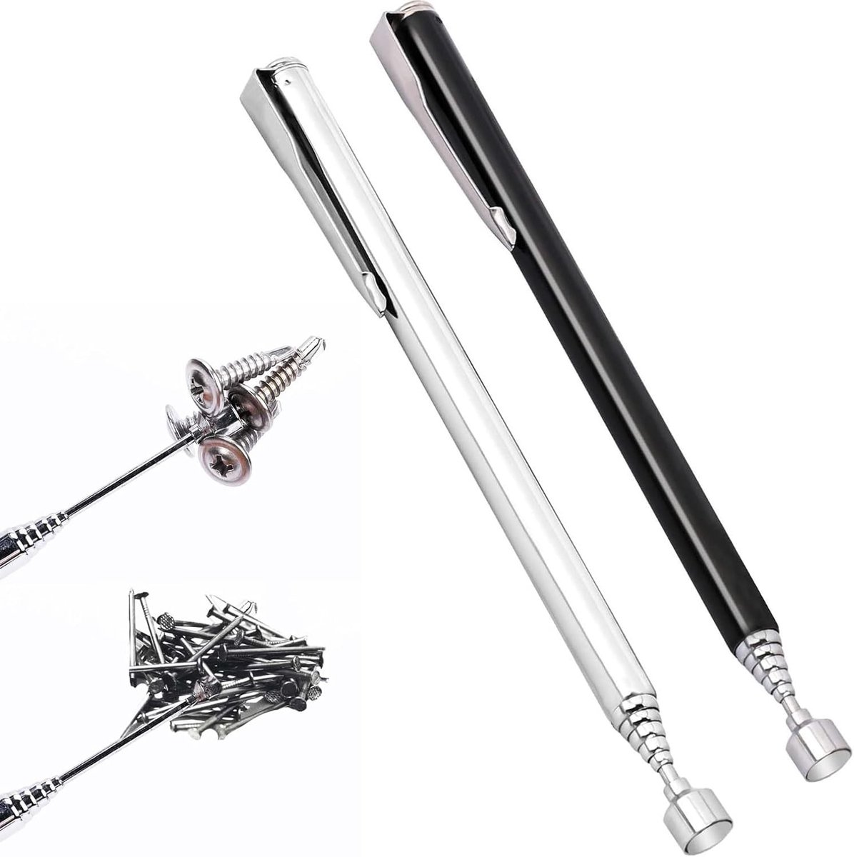 Telescopische magnetische lifter met verlengbare stang en grippen, tot 64 cm, 0.7 kg draagvermogen, zwart en zilver met riemclip voor draagbaarheid