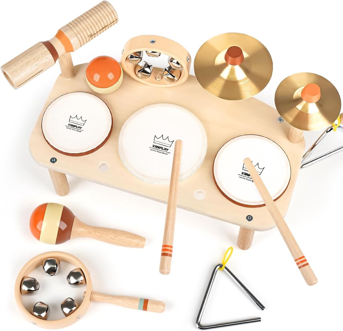 Vanplay Houten drumset, muziekinstrumenten voor kinderen vanaf 1 jaar, met 3 trommels en klemmel, trommel - ShopVlot