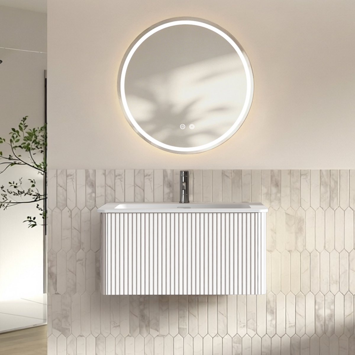 MIVRAY Badkamerkast Set - Wandhangend Badkamermeubel Met LED Spiegel En Lade - Wit Modern Voor Badkamer - 80 Cm