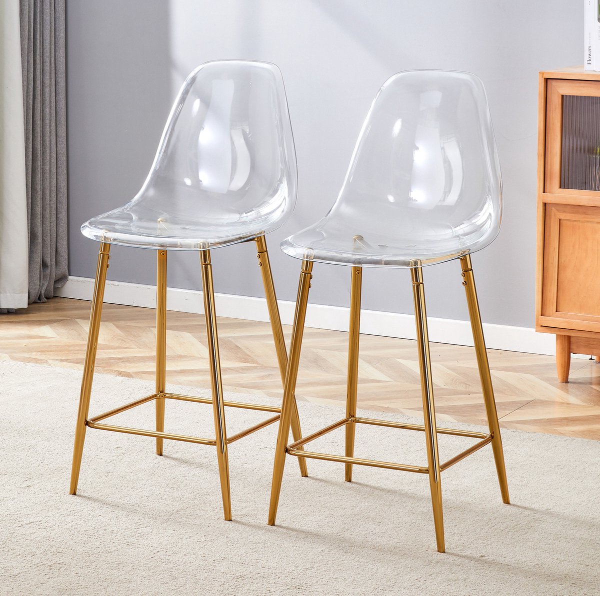 OKWISH Barkruk – Set Van 2 – Transparante Kunststof Zitting Met Rugleuning En Voetensteun – Voor Keuken Eiland, Bar En Eetkamer – Metaal – Goud