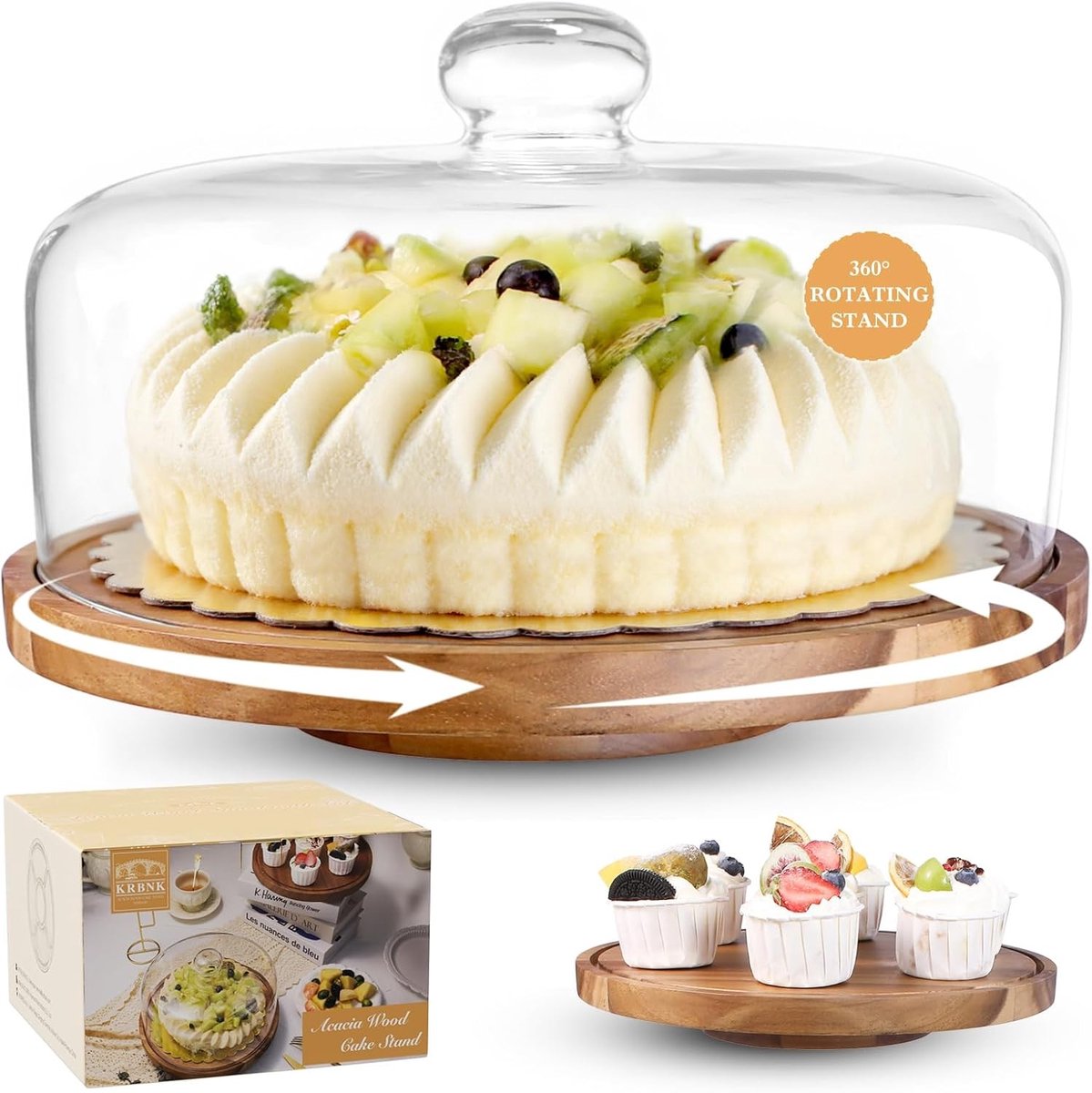 Taartstandaard met Glazen Deksel - Houten - 360° Draaifunctie - Acaciahout - Voor Taarten en Desserts