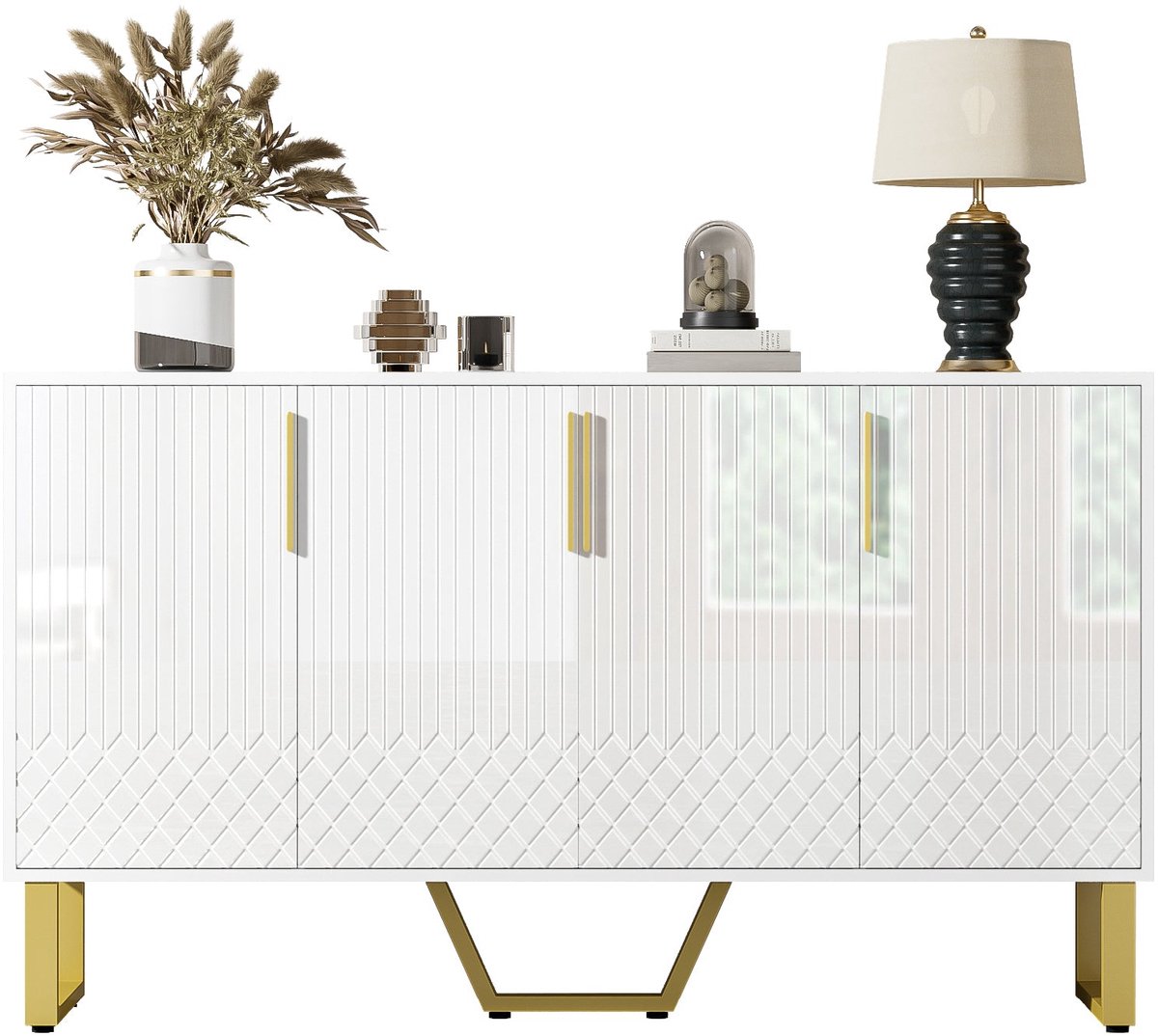 Merax Dressoir 140 cm - Wit Hoogglans - 4 Deuren - Geometrische Fronten - Goudkleurige Metalen Poten - Veel Opbergruimte
