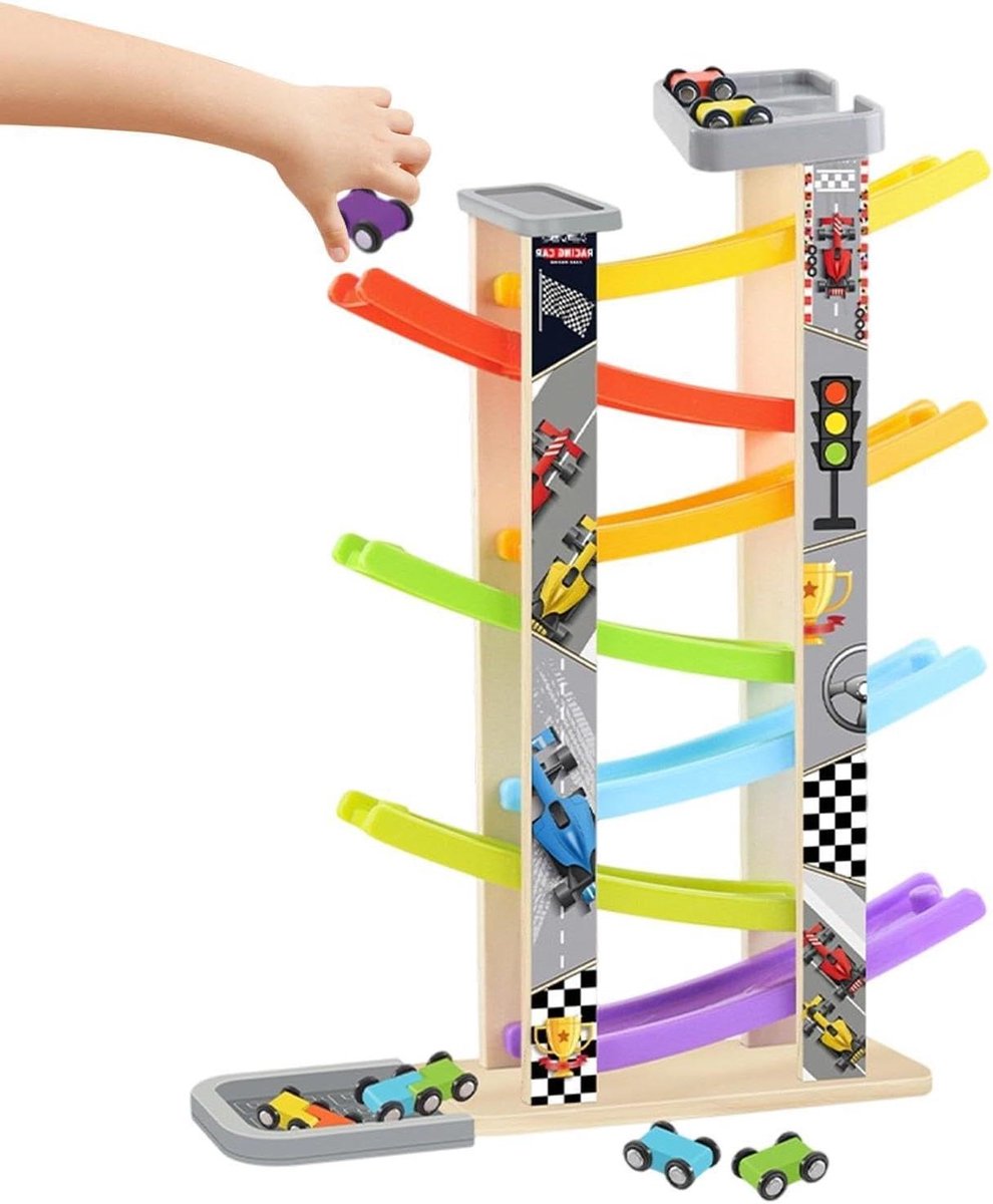 Houten Racebaan - Autobaan Speelset - Motorische Ontwikkeling - 7 Niveaus - 44 x 13 x 8 cm - Multicolor
