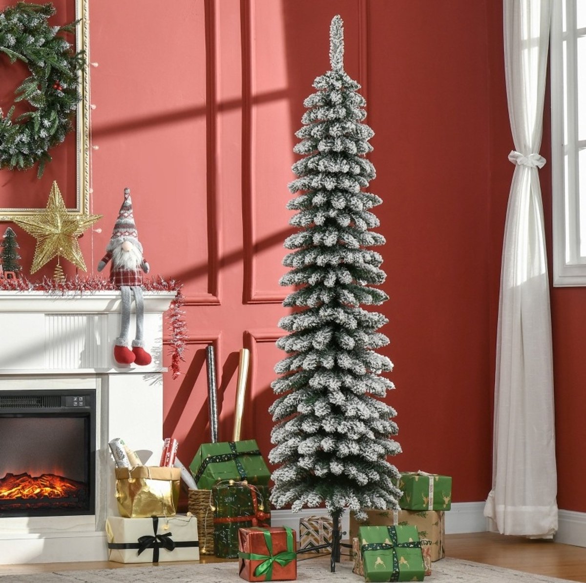 REDOM - Kerstboom - Besneeuwd design - Drie-delig ontwerp met metalen standaard - Brandvertragende kunststof takken - Voor binnen - Kunststof - Groen/Wit - 180 cm