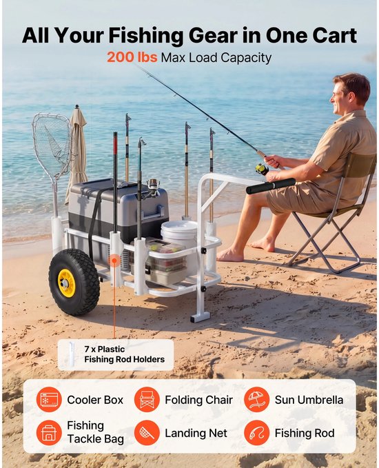 Solayne Viskar - Bolderkar - Strand transportkar - 2 rubber wielen - Draagvermogen tot 90 kg - Aluminium frame - 6 hengelhouders — afbeelding 4