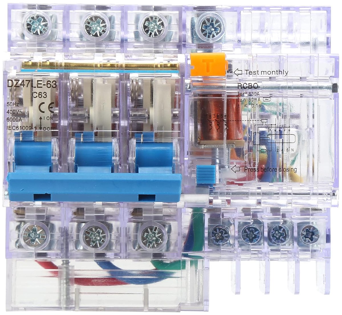 Stroomonderbreker - Aardlekschakelaar Zekering - Elektrische Veiligheid - Hoog Uitschakelvermogen - 63A 400V - Transparant