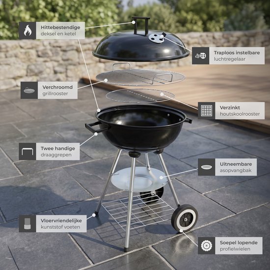 tectake® Houtskool Barbeque - Kogel BBQ - Ø 41,5 cm Grillplaat - Grill met 2 Wielen - Smoker met Deksel - Rond - Zwart - Metaal van TecTake — afbeelding 3