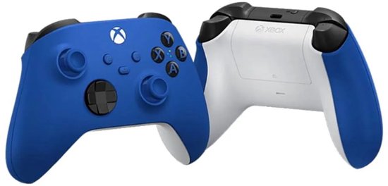 Voorkant en achterkant van een blauwe Xbox controller met witte en zwarte accenten.
