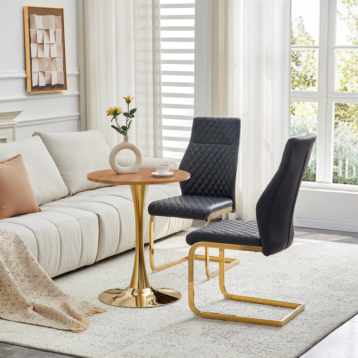 FloraGrace Ronde Eettafelset 60 cm Met 2 Stoelen - MDF Tafelblad En Metalen Onderstel - Voor Eetkamer En Woonkamer - Zwart En Goud Zwart, Goud, Houtkleur